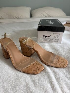 Qupid Clear Strap Cork Block Heel Sandals - Clear/Tan